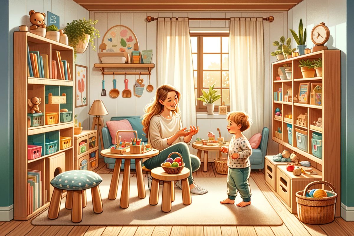 happy toddler and their mother in a Montessori inspired living space, enjoying various activities
