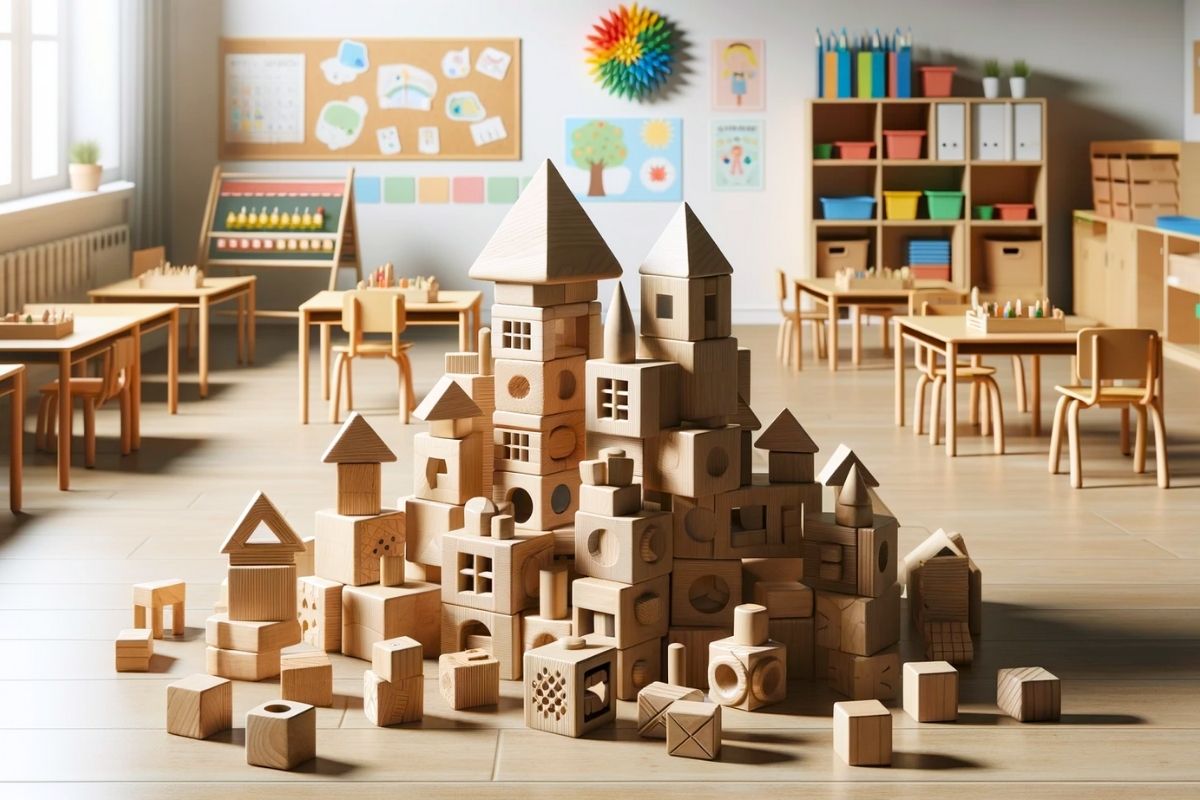 wooden blocks of various shapes and sizes creatively assembled on a classroom floor