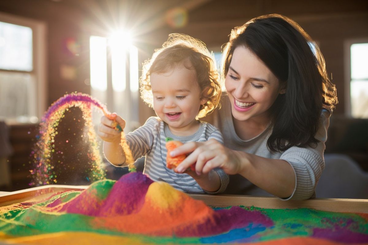 Montessori-inspired playtime! Mom and toddler bonding while creating with taste-safe kinetic sand.