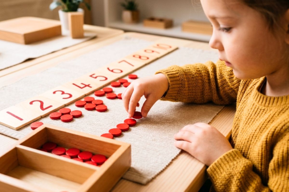 Red counters arranged in pairs beneath Montessori number cards 1 to 10 on a floor mat, showing the pairing pattern that makes odd and even numbers visible