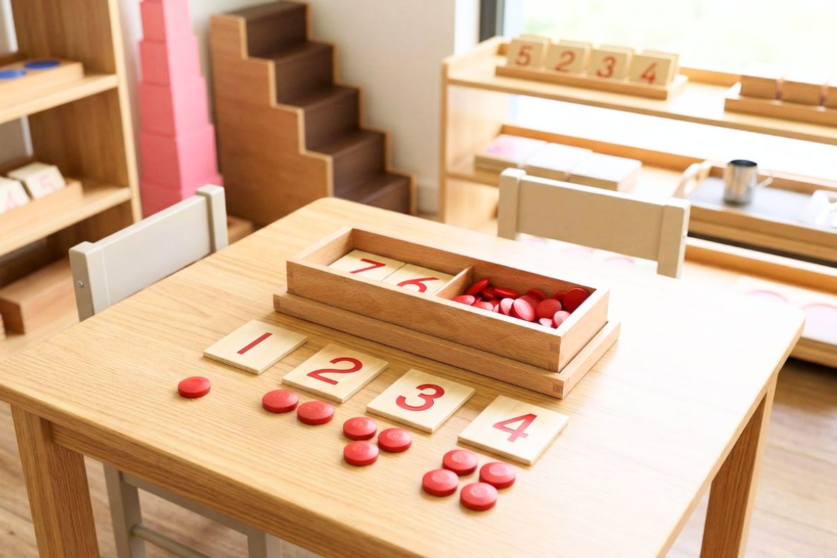 Red counters arranged in pairs beneath Montessori number cards 1 to 10 on a floor mat, showing the pairing pattern that makes odd and even numbers visible