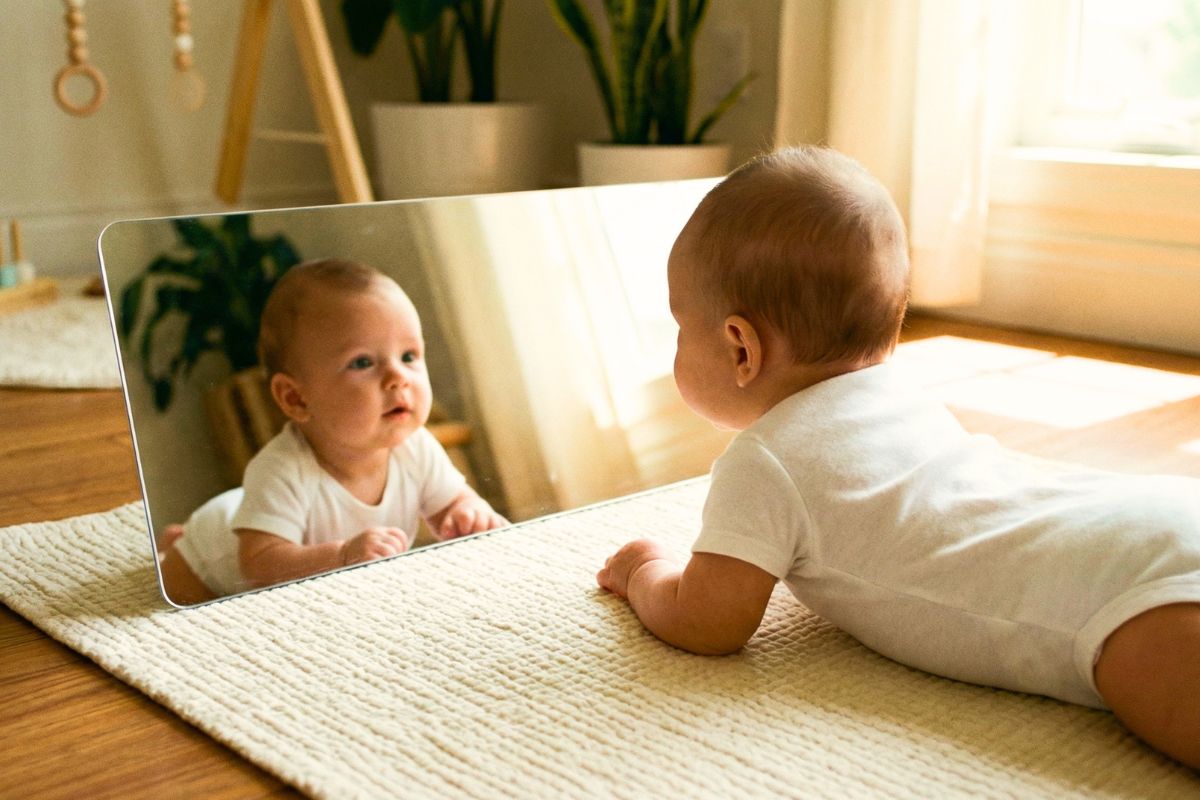 baby lying tummy-down on a firm, undyed natural cotton mat with a small shatterproof acrylic mirror at the baby's eye level