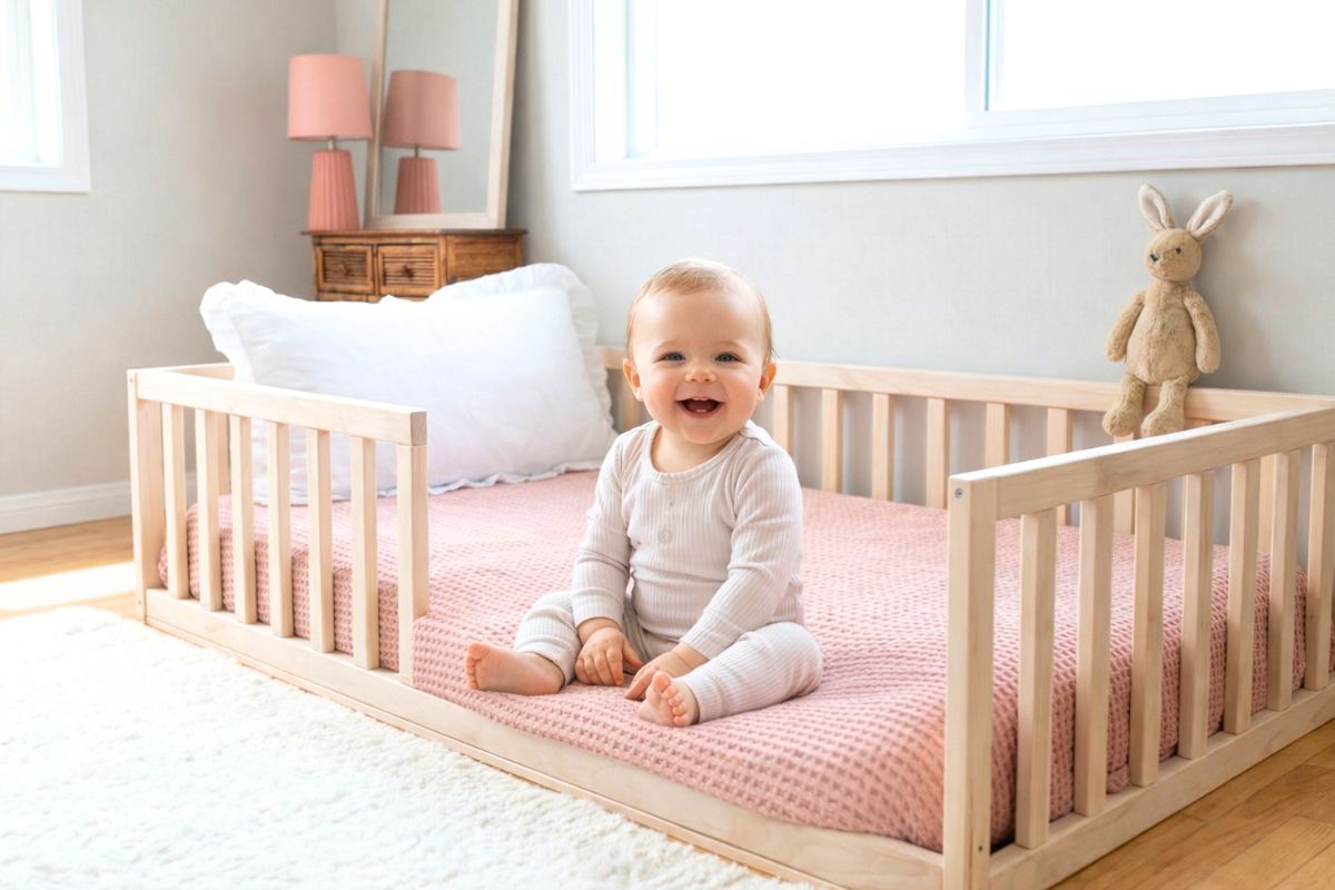 Baby sitting on Montessori floor bed in a minimalist nursery