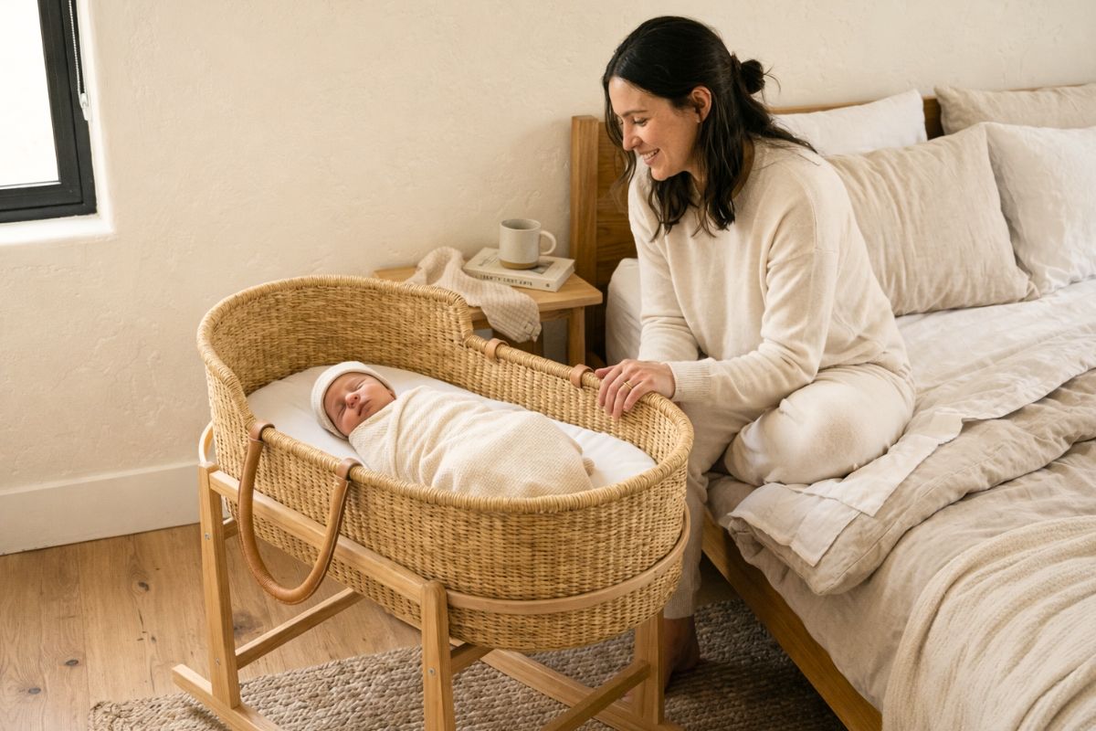 Baby sleeping peacefully in a Moses basket