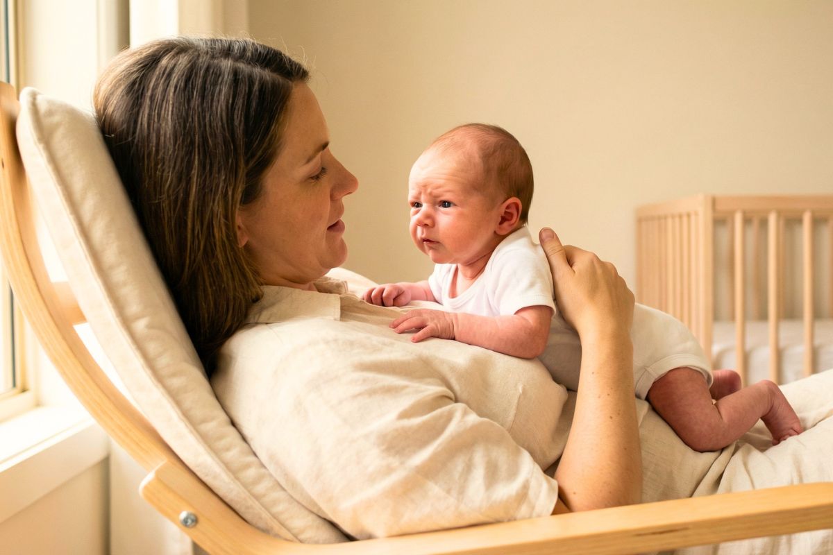 A 3–4-week-old newborn lies on her tummy on her mother’s chest while the mother reclines in a light wooden chair