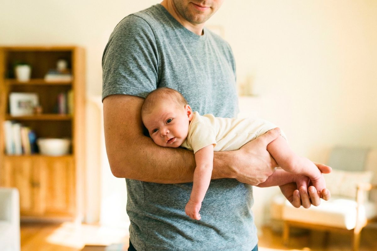 father carrying a 6-week-old baby face-down along his left forearm in the football hold position