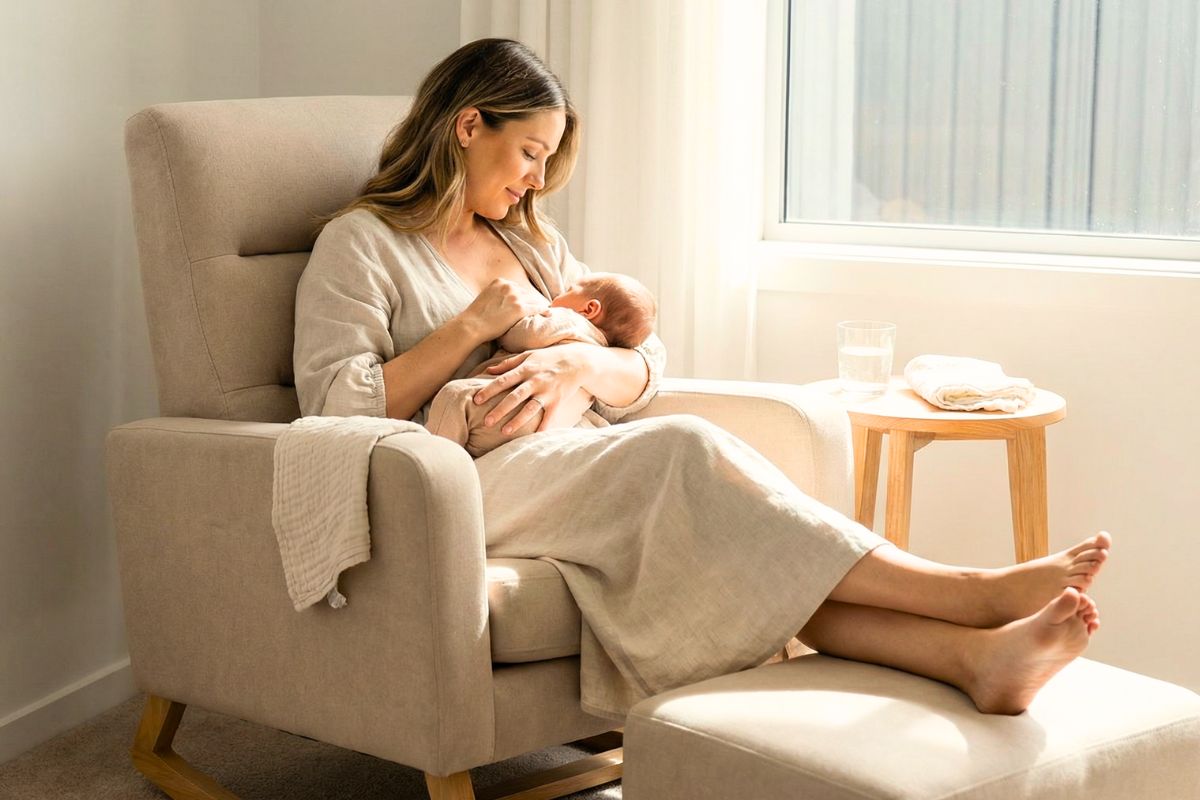 baby feeding in a comfortable Montessori nursing chair