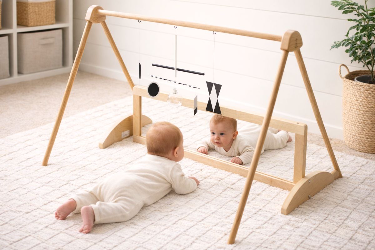 montessori movement area Bright Scandinavian-style nursery movement area featuring a small shatterproof floor mirror, a Munari mobile hanging above, a soft neutral-toned rug, and low open shelves with neatly arranged toys