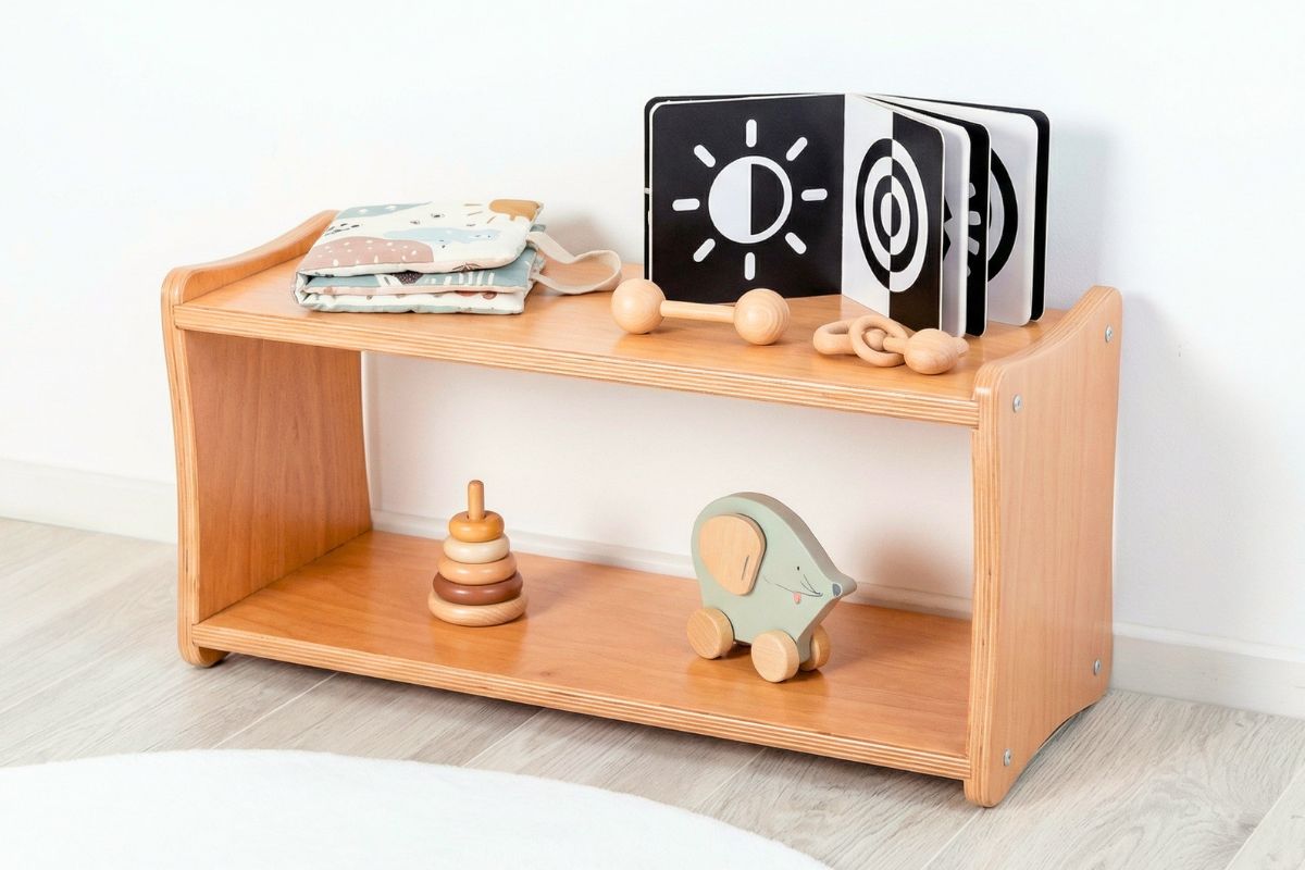 montessori nursery setup low shelf