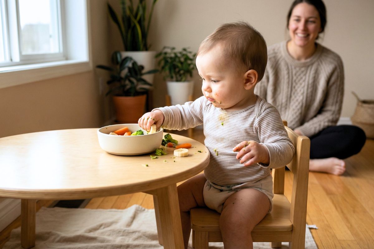 baby exploring solid foods with hands