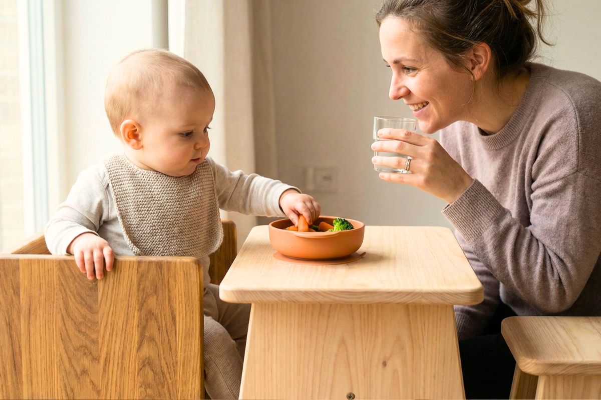 baby self feeding at low Montessori weaning table