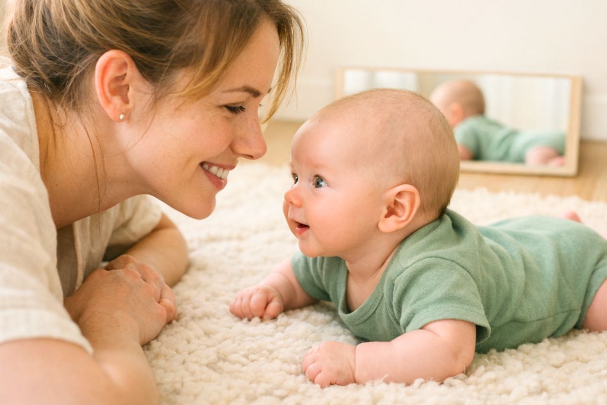 2-month-old baby doing tummy time staring at his mom face