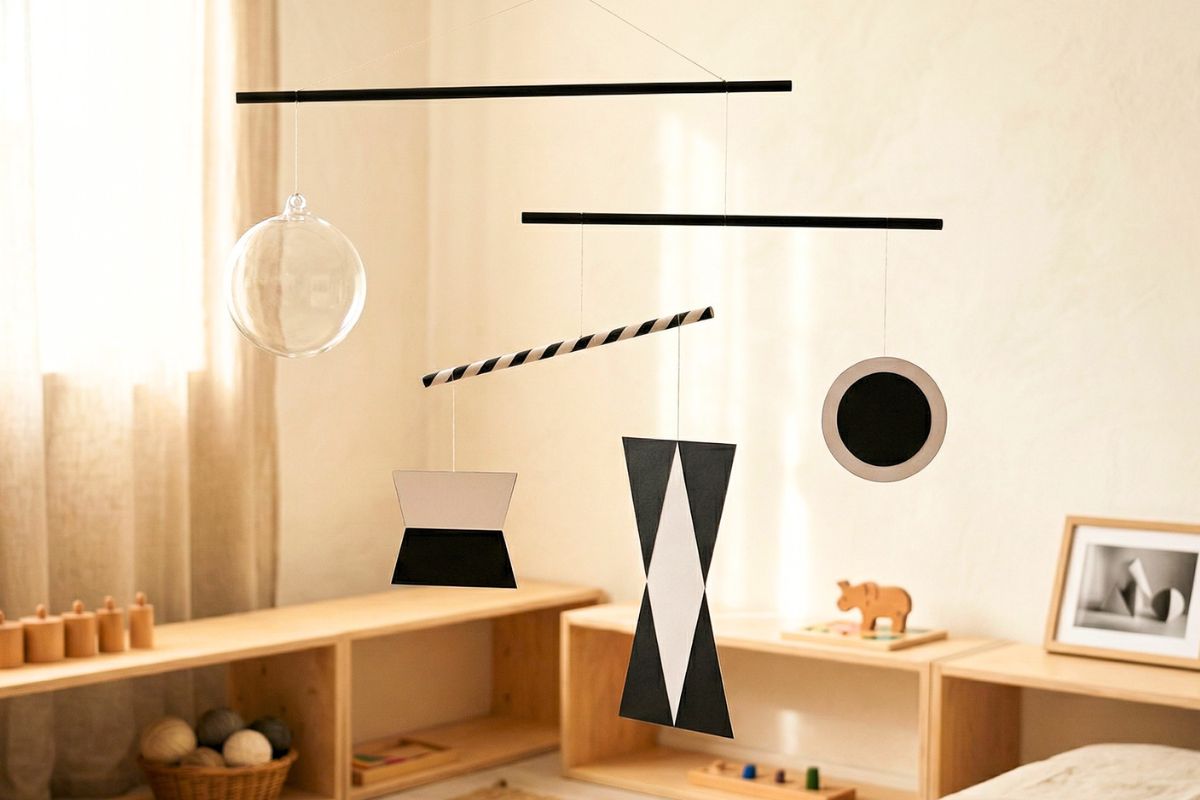 A simple black and white Munari mobile hanging gently above a baby’s space