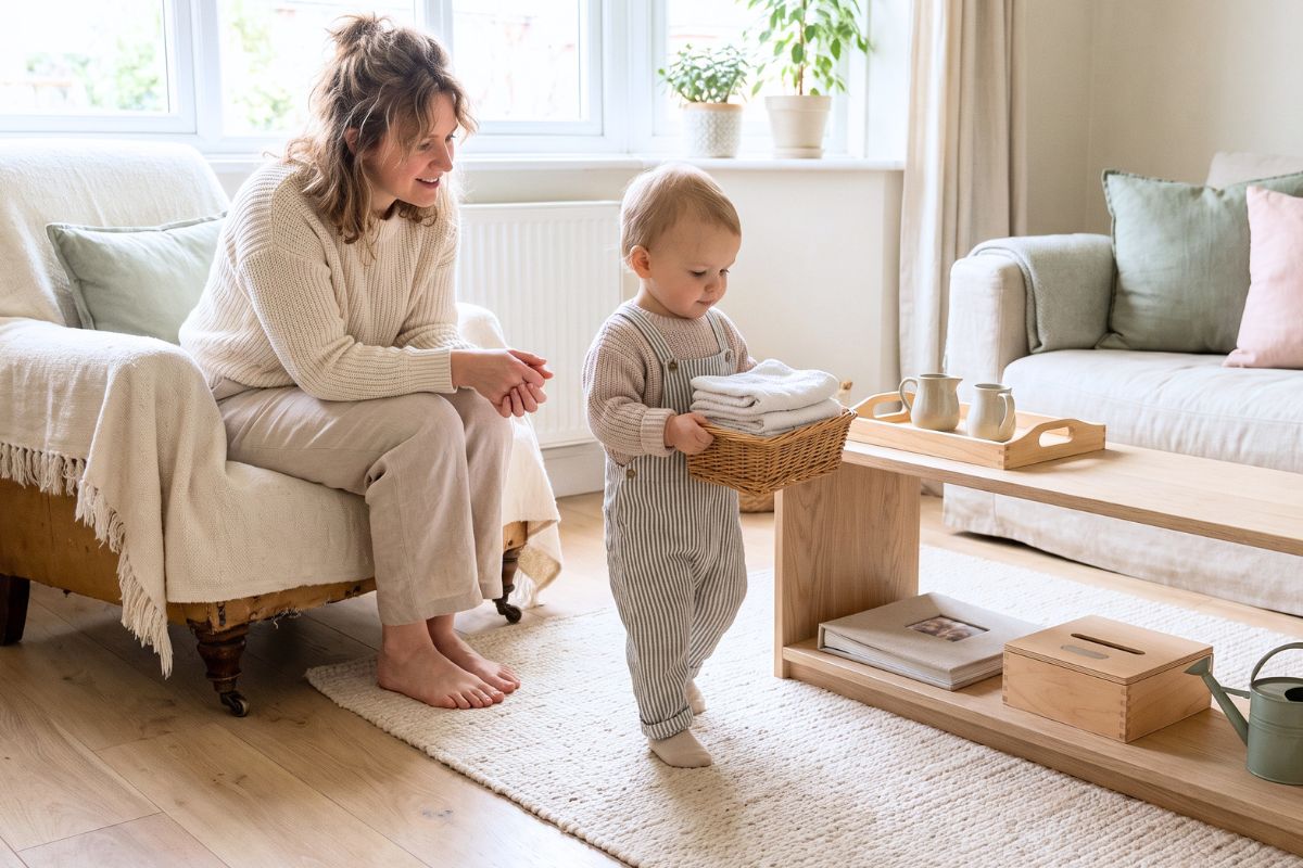 Mother and toddler returning an activity to a compact Montessori toy shelf