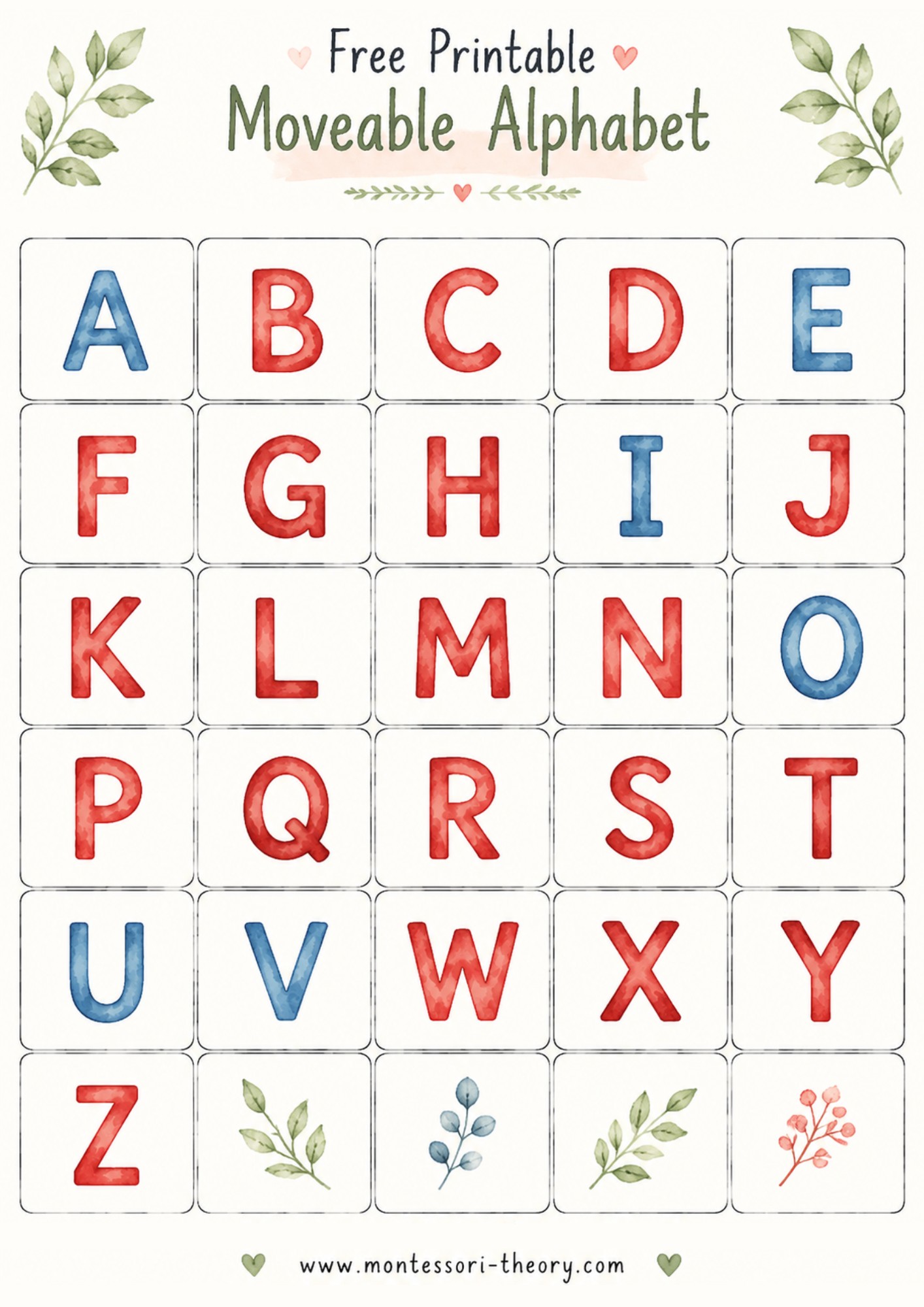 Free printable Montessori movable alphabet, consonants in red and vowels in blue, watercolor style
