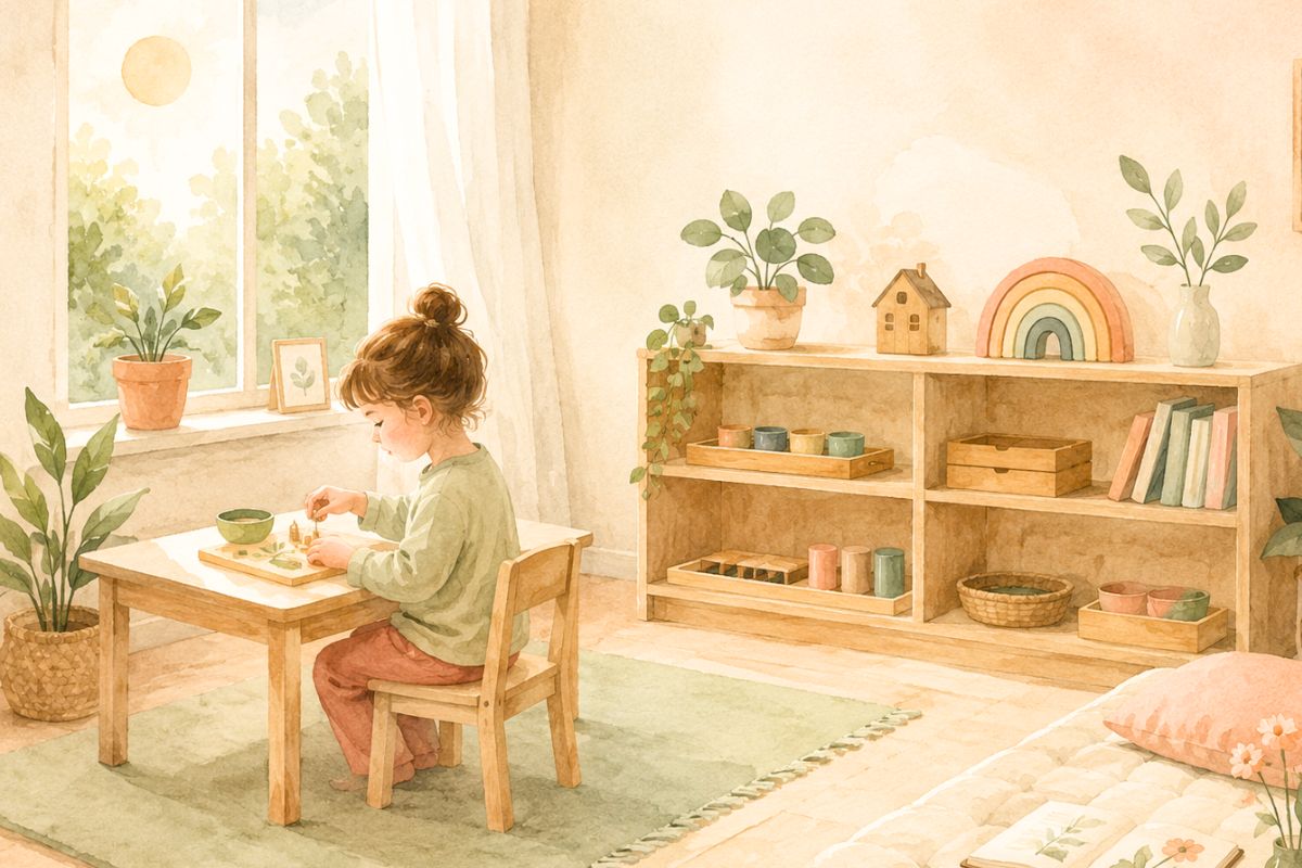 Soft watercolor illustration of a Montessori homeschool rhythm scene with a child working independently