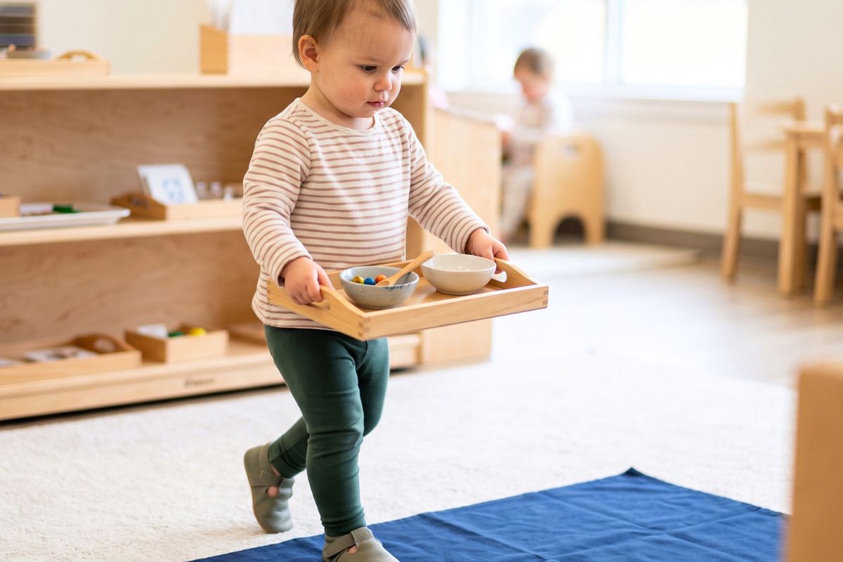 Two-year-old carrying a tray from a prepared Montessori shelf to a work mat