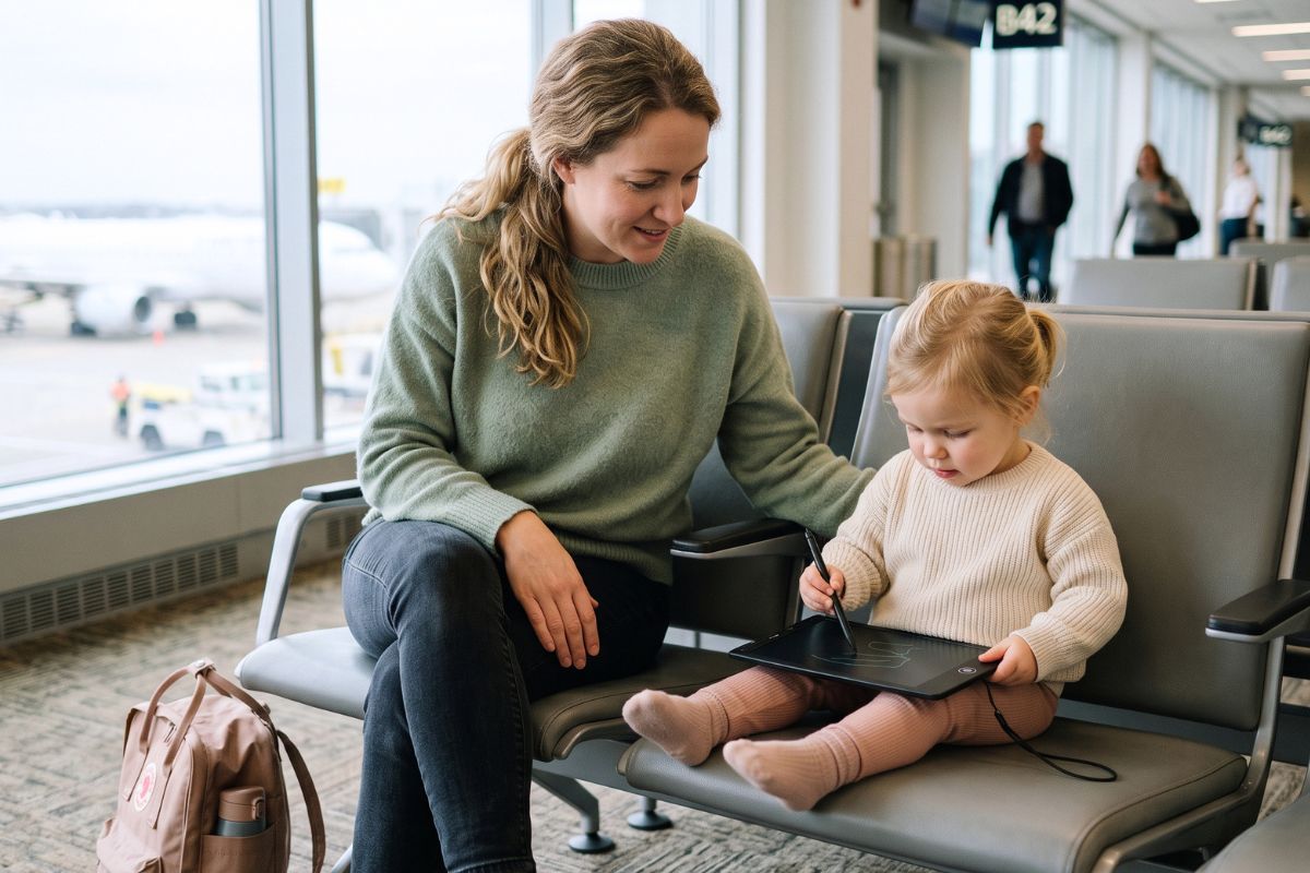 Mother and toddler using compact Montessori travel activities during a journey