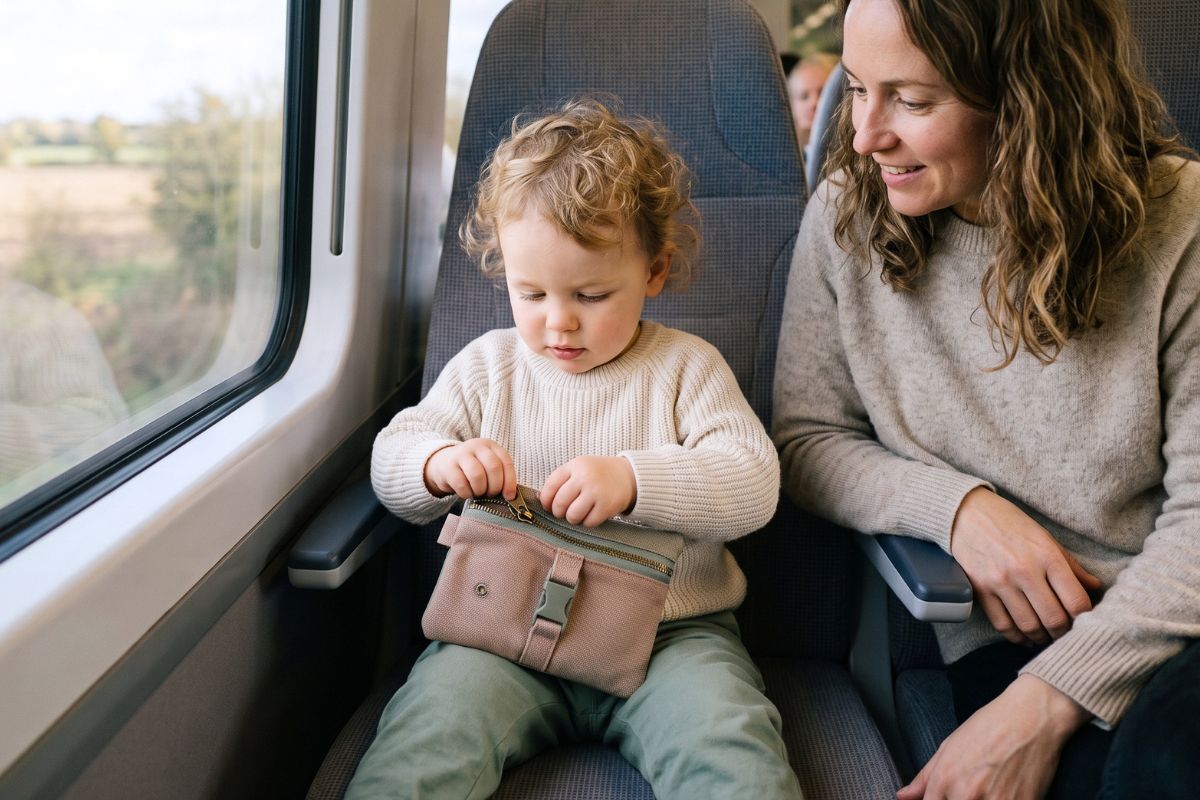 Toddler using one compact low-mess Montessori activity while travelling