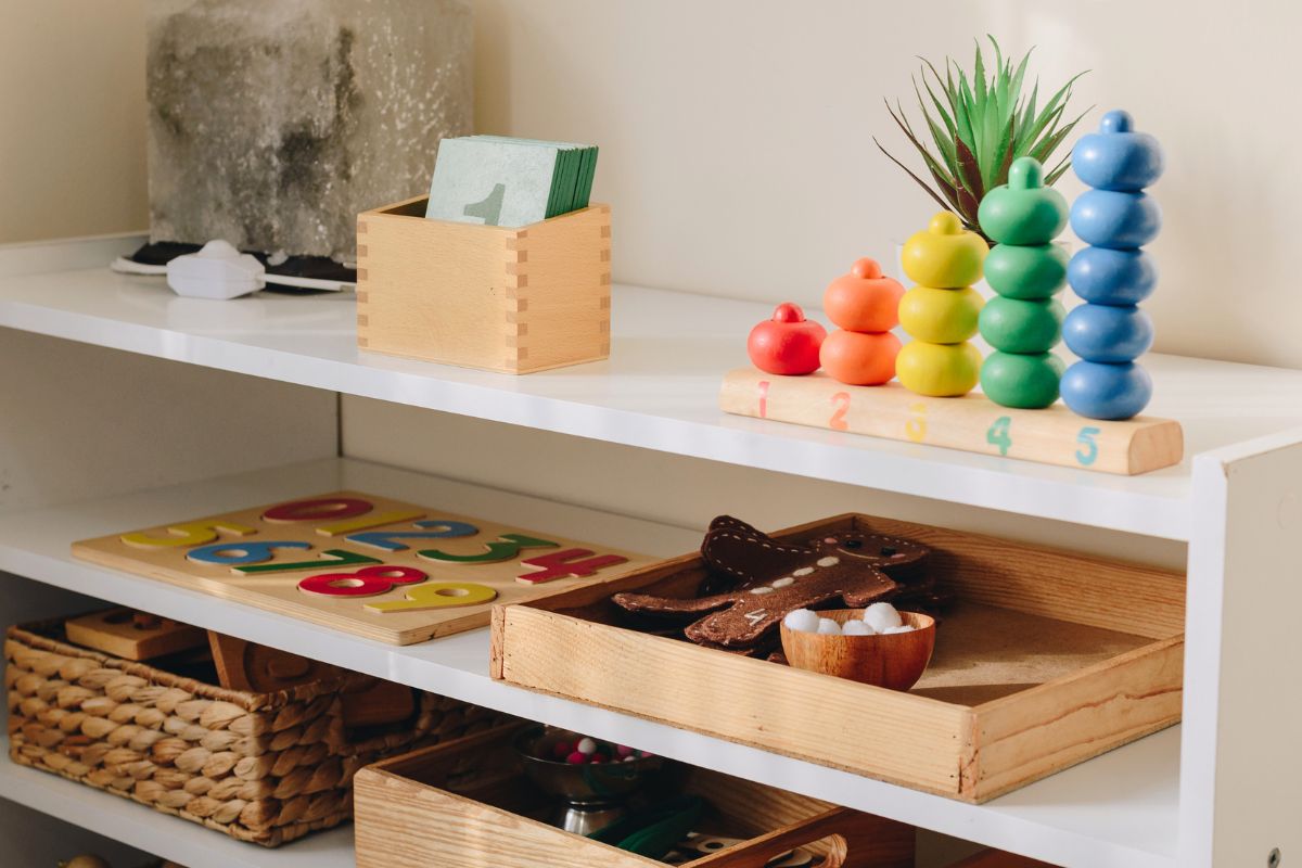 Eight activities on a prepared Montessori shelf