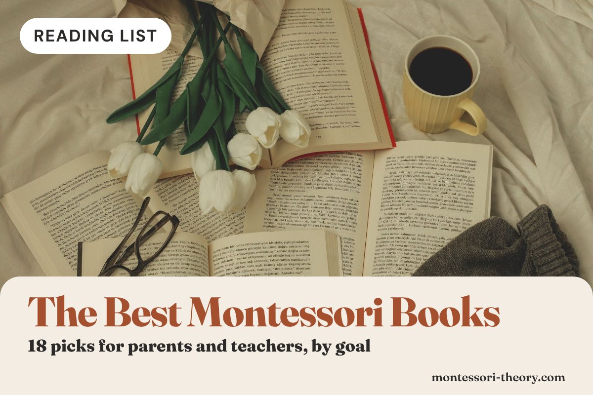 Open books, white tulips and a cup of coffee on a bed, with the title The Best Montessori Books