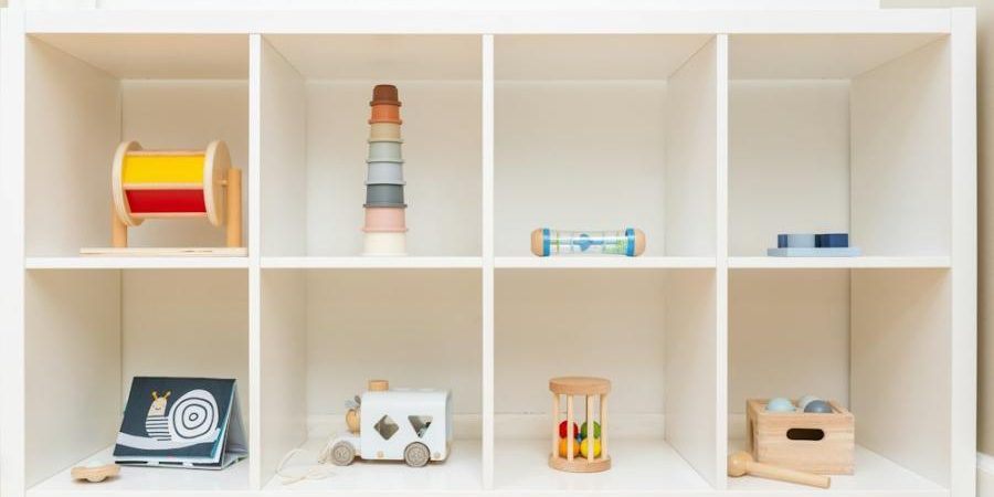 Low cube shelf with wooden toys