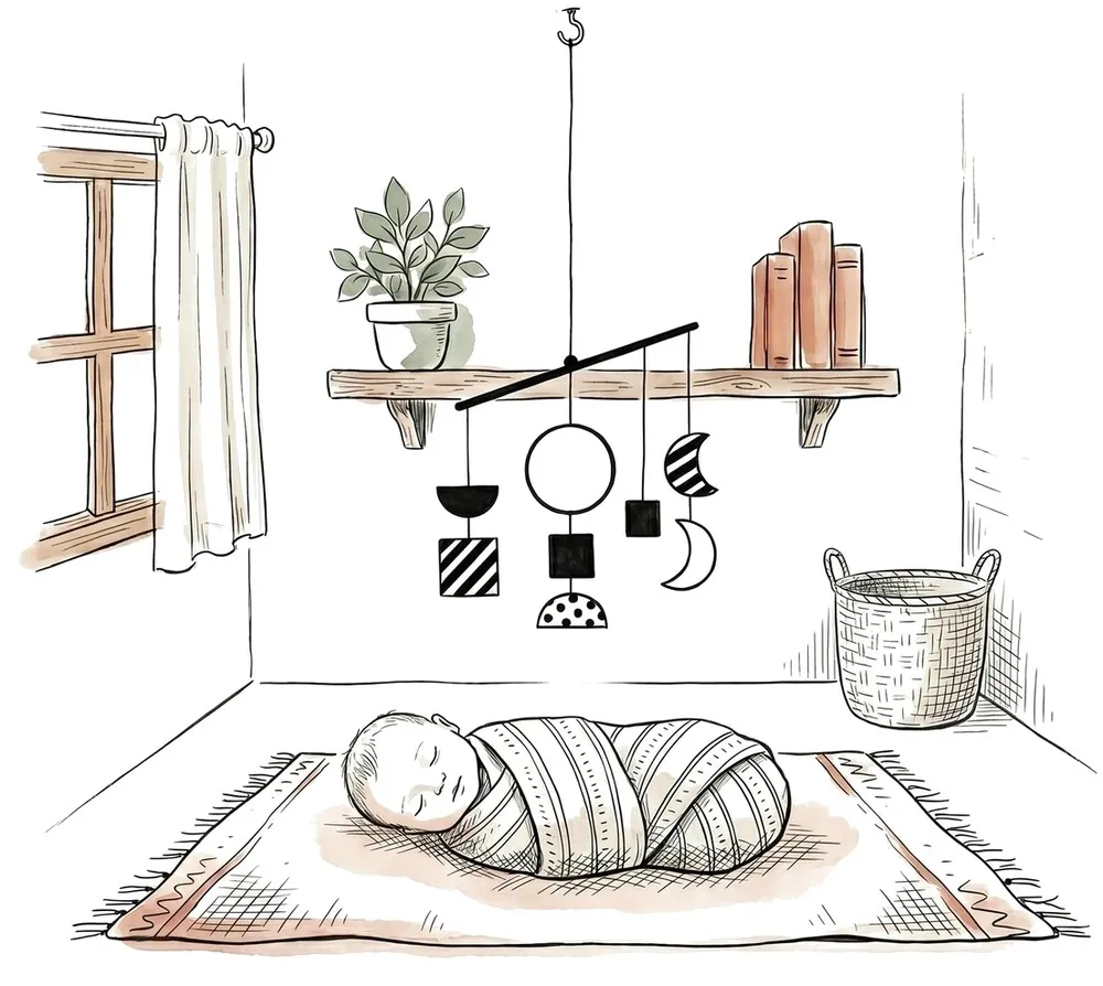 A swaddled newborn on a floor mat under a black and white mobile