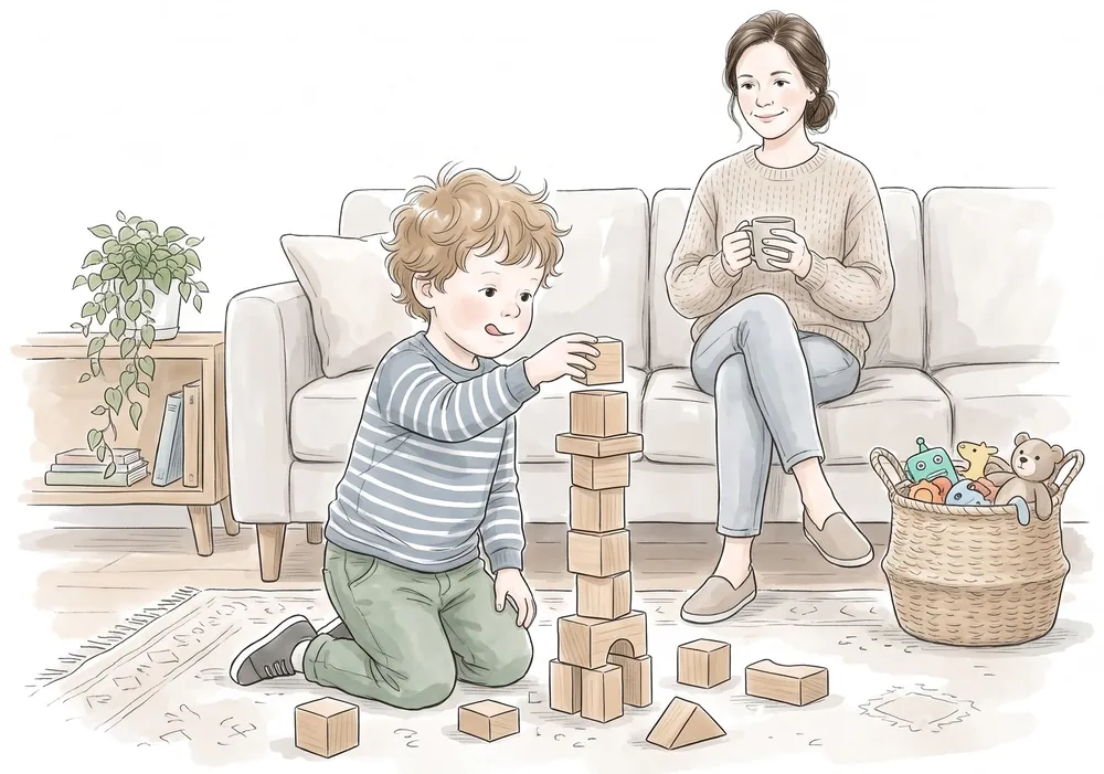 A four-year-old building a tall block tower while his mother watches from the couch