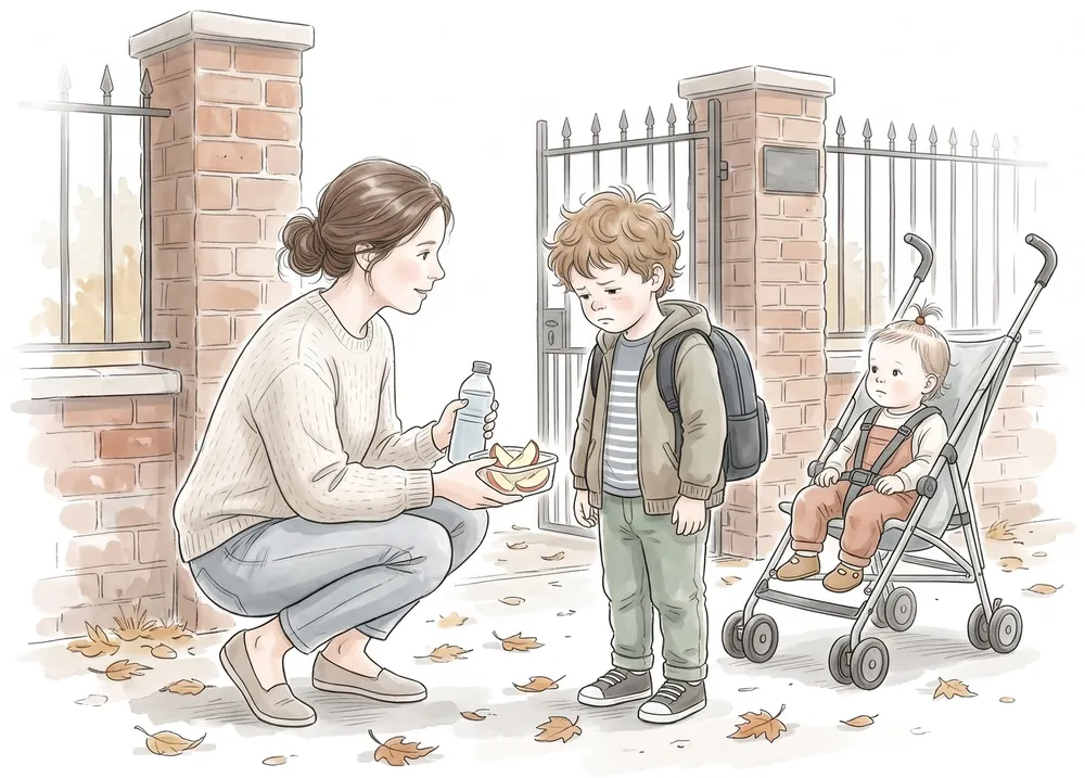 A mother crouching at the school gate offering apple slices and water to her tired son