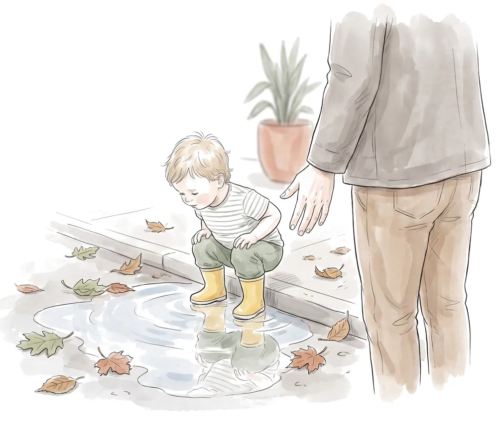 A toddler in rain boots stopping to look at a puddle, a parent's hand nearby