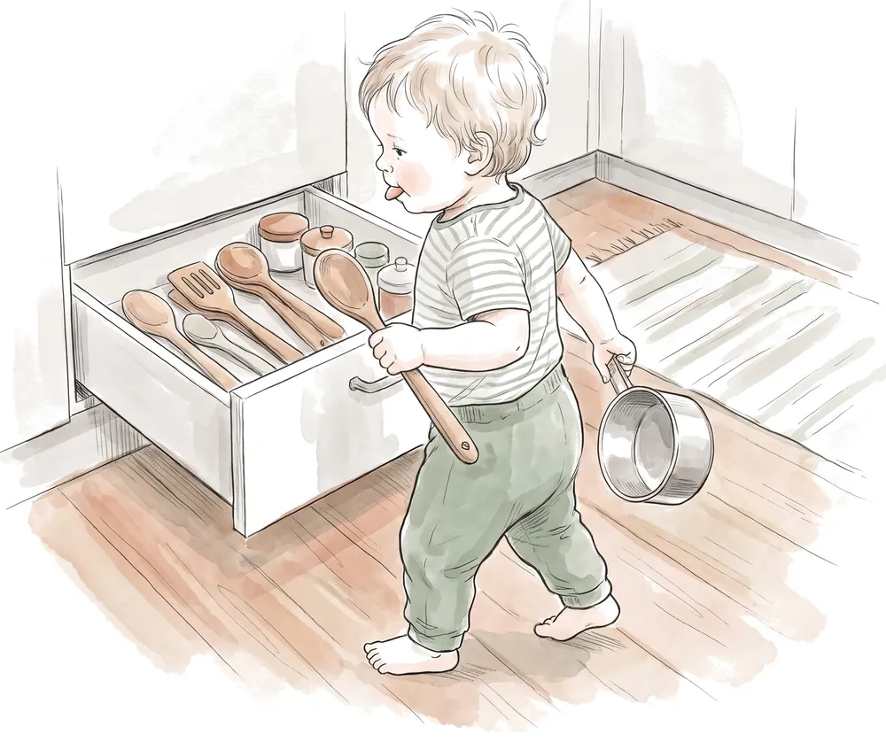 A toddler holding a large wooden spoon with both hands, determined