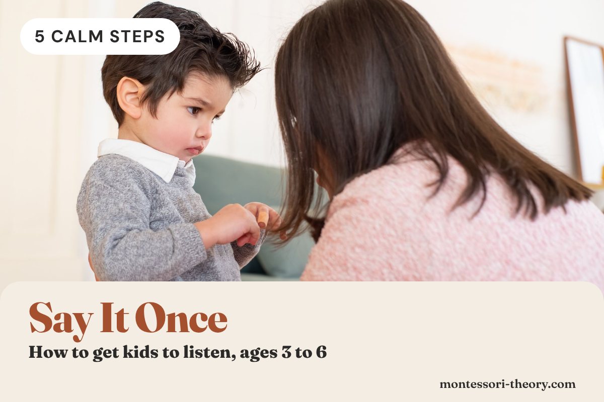 Mother kneeling to talk face to face with a young boy, with the title Say It Once
