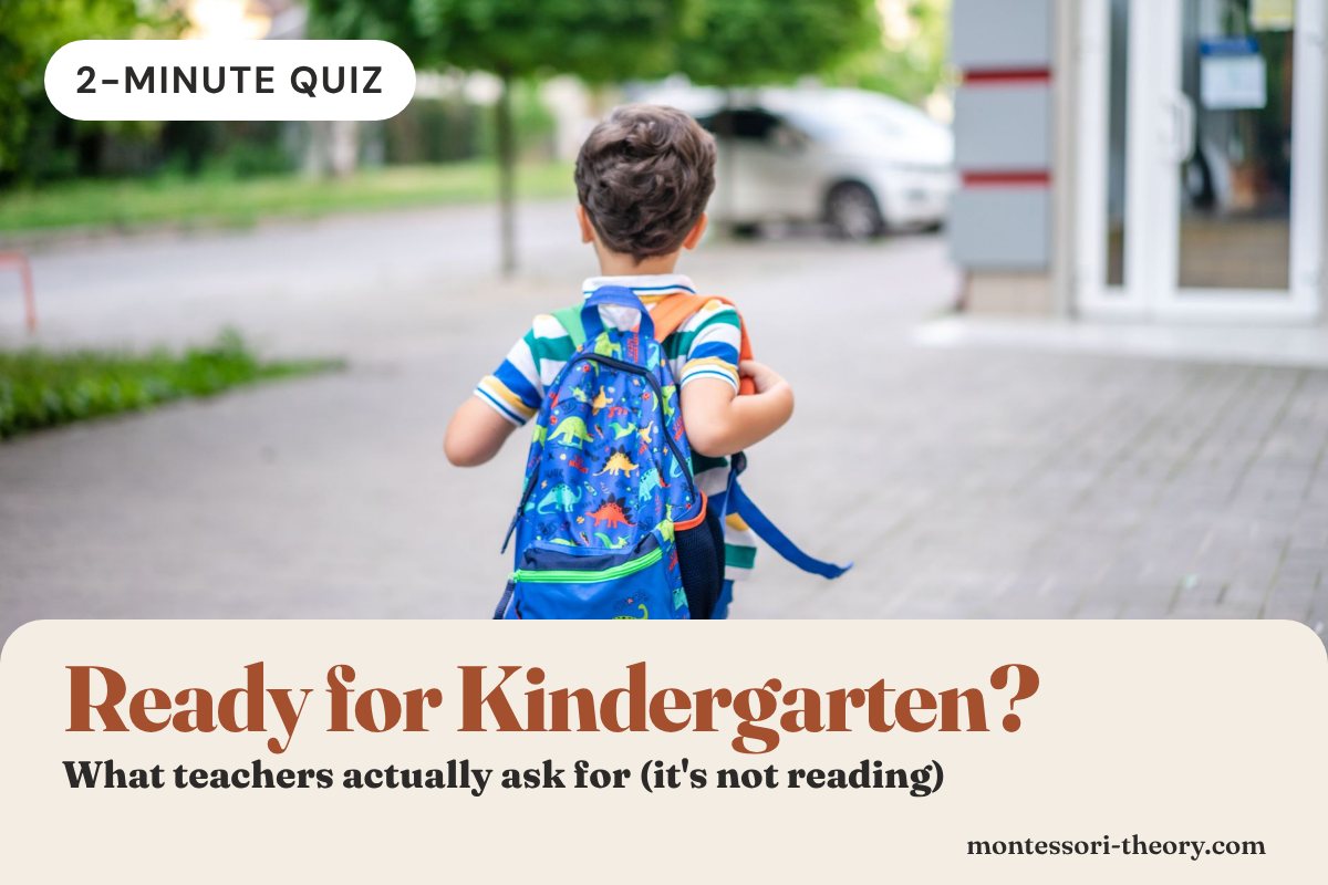 Young boy with a dinosaur backpack walking toward a school door, with the title Ready for Kindergarten?