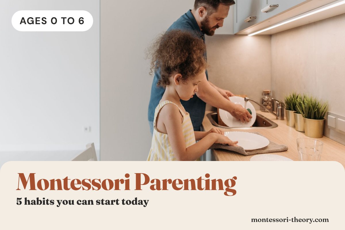 Father and daughter washing and drying dishes together at the kitchen sink, with the title Montessori Parenting