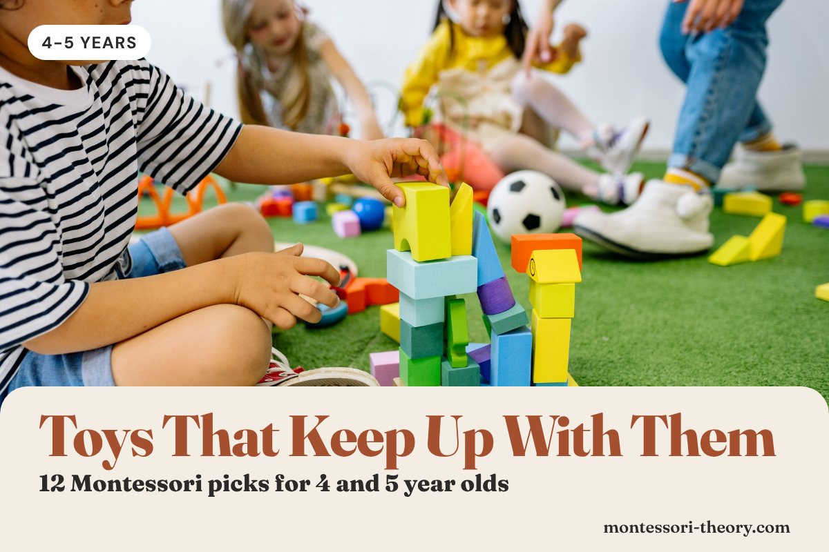 Children building a block tower, with the title Toys That Keep Up With Them
