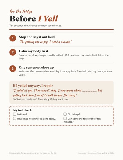 Preview of the Before I Yell fridge card printable with three steps and a repair script