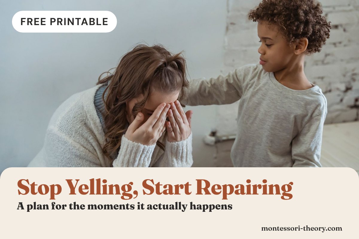 Tired mother covering her face while her child touches her shoulder, with the title Stop Yelling, Start Repairing