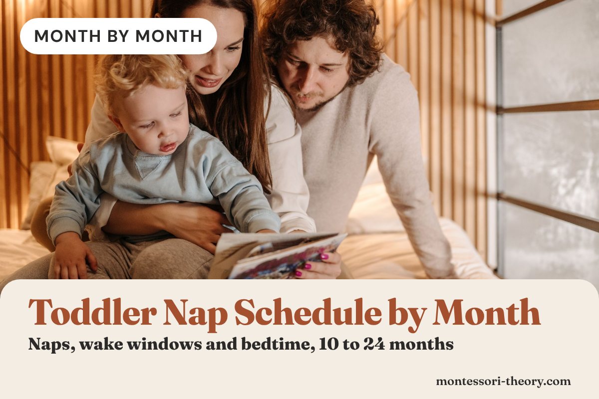 Parents reading a picture book with a toddler on the bed, with the title Toddler Nap Schedule by Month